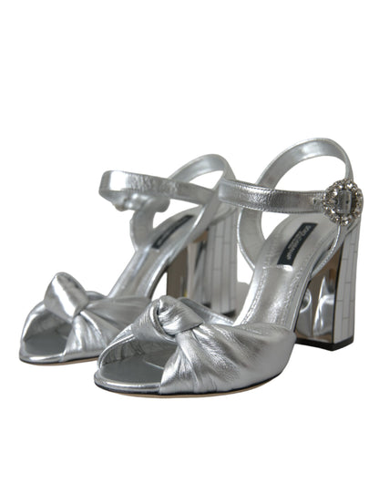 Dolce & Gabbana Silver Lambskin Leather Heels Sandals Shoes