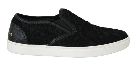 Dolce &amp; Gabbana Black Lace Läder Logotyp Flat Slip-On Sneakers