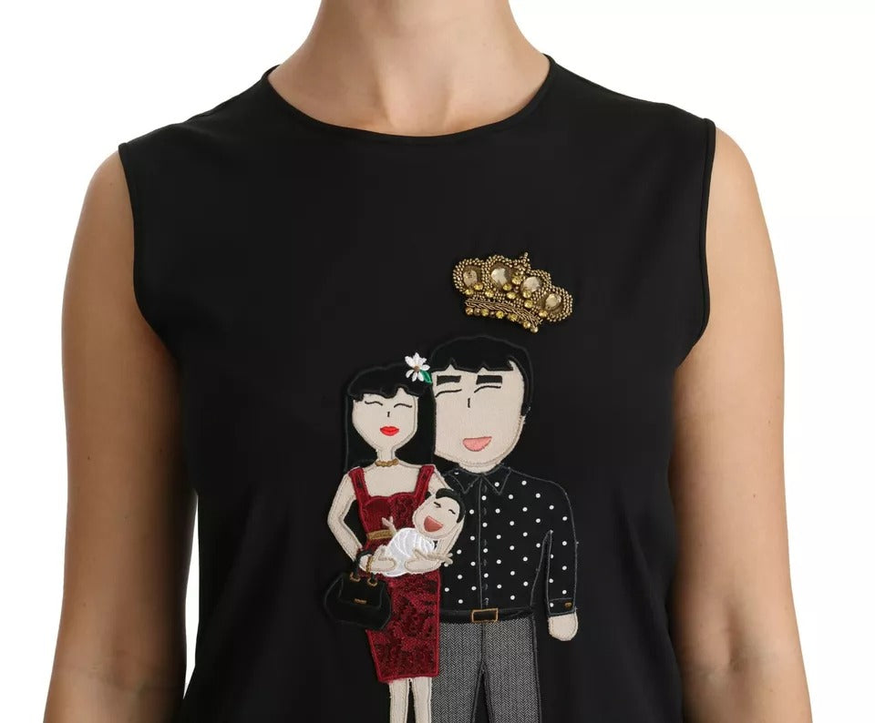 Blusa sin mangas con cristales de la familia DG de seda negra de Dolce &amp; Gabbana