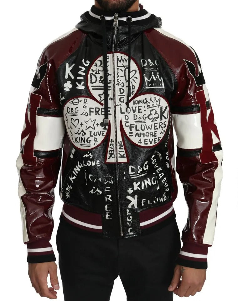 Dolce &amp; Gabbana Black Bordeaux Hooded Leather DG King of Love Jacka