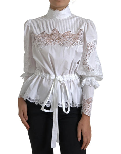 Blusa de cuello alto con ribete de encaje de algodón blanco de Dolce &amp; Gabbana