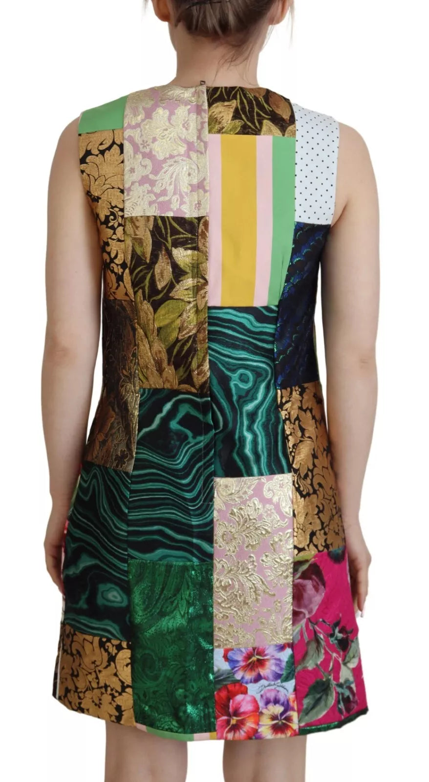 Vestido corto recto con patchwork de jacquard multicolor de Dolce &amp; Gabbana