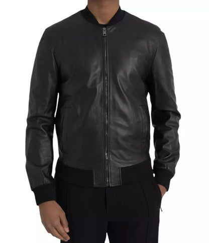 Dolce &amp; Gabbana Black Bomber Leather Full Zip Biker Blouson Jacket