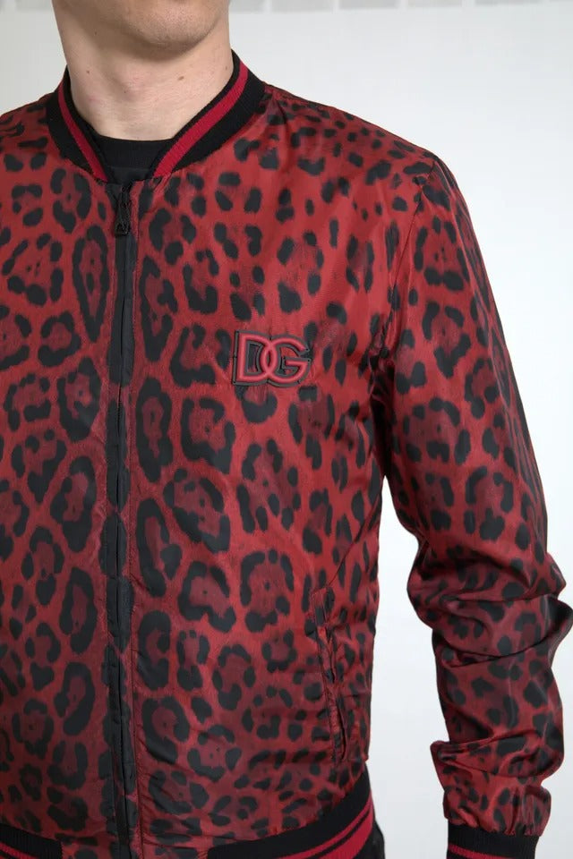 Dolce &amp; Gabbana Red Leopard Bomber Short Coat Jacka