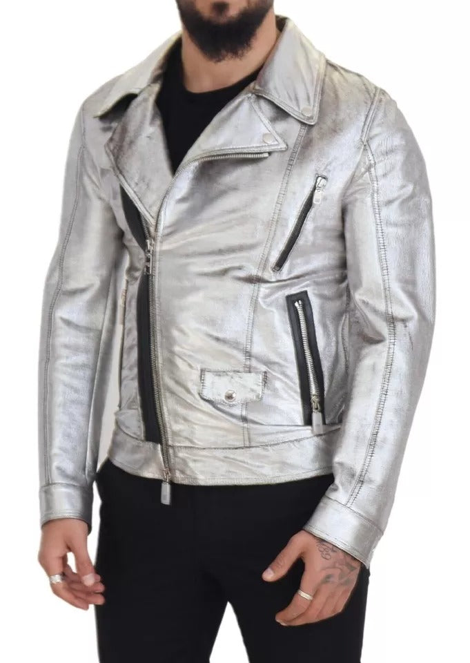 Dolce &amp; Gabbana Silver Leather Biker Coat Lammskinnsjacka