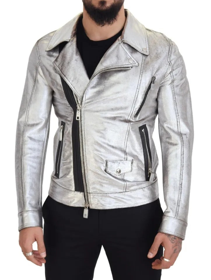 Dolce &amp; Gabbana Silver Leather Biker Coat Lammskinnsjacka