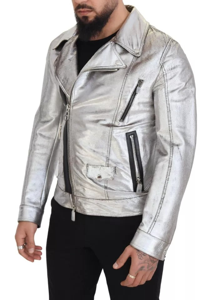 Dolce &amp; Gabbana Silver Leather Biker Coat Lammskinnsjacka