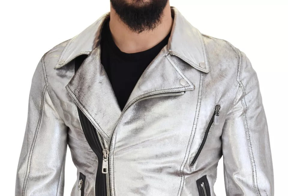 Dolce &amp; Gabbana Silver Leather Biker Coat Lammskinnsjacka