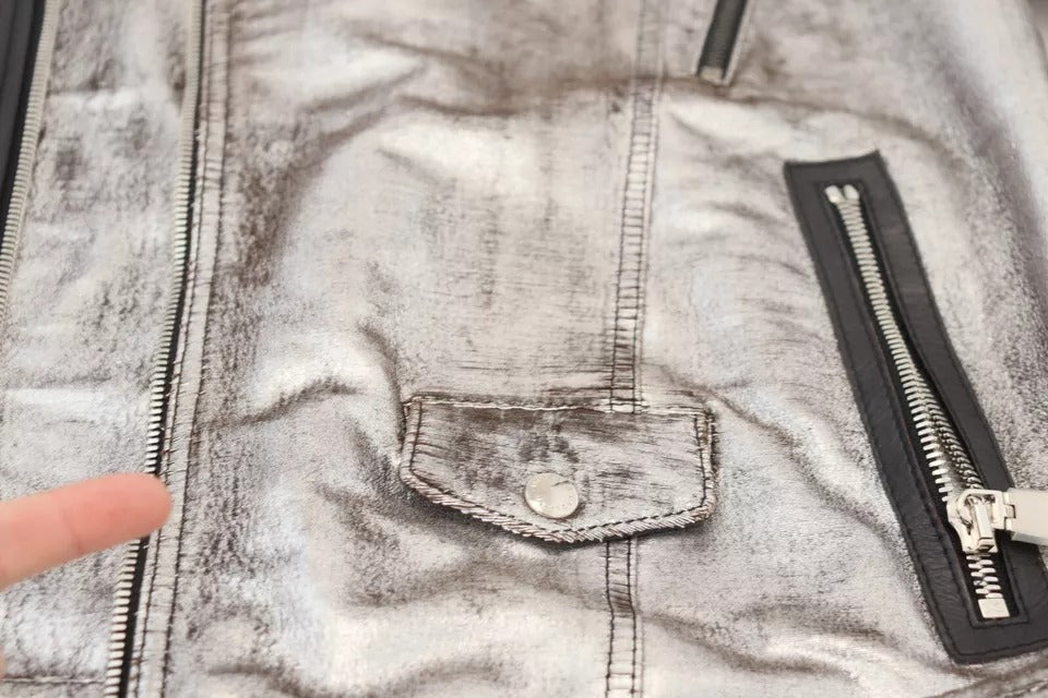 Dolce &amp; Gabbana Silver Leather Biker Coat Lammskinnsjacka