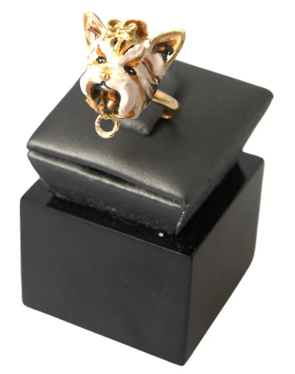 Dolce &amp; Gabbana Guld Mässing Resin Beige Hund Pet Accessory Ring