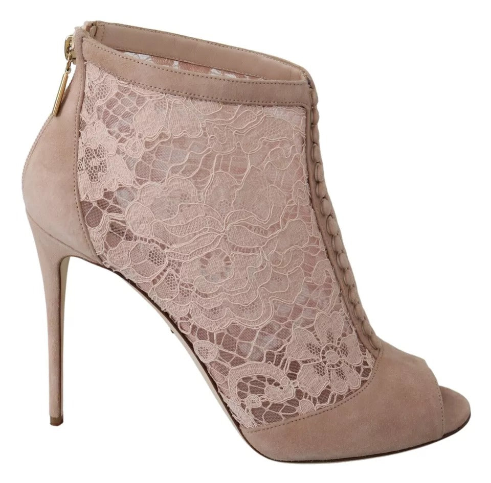 Dolce & Gabbana Beige Lace Suede Peep Toe Ankle Boots Shoes