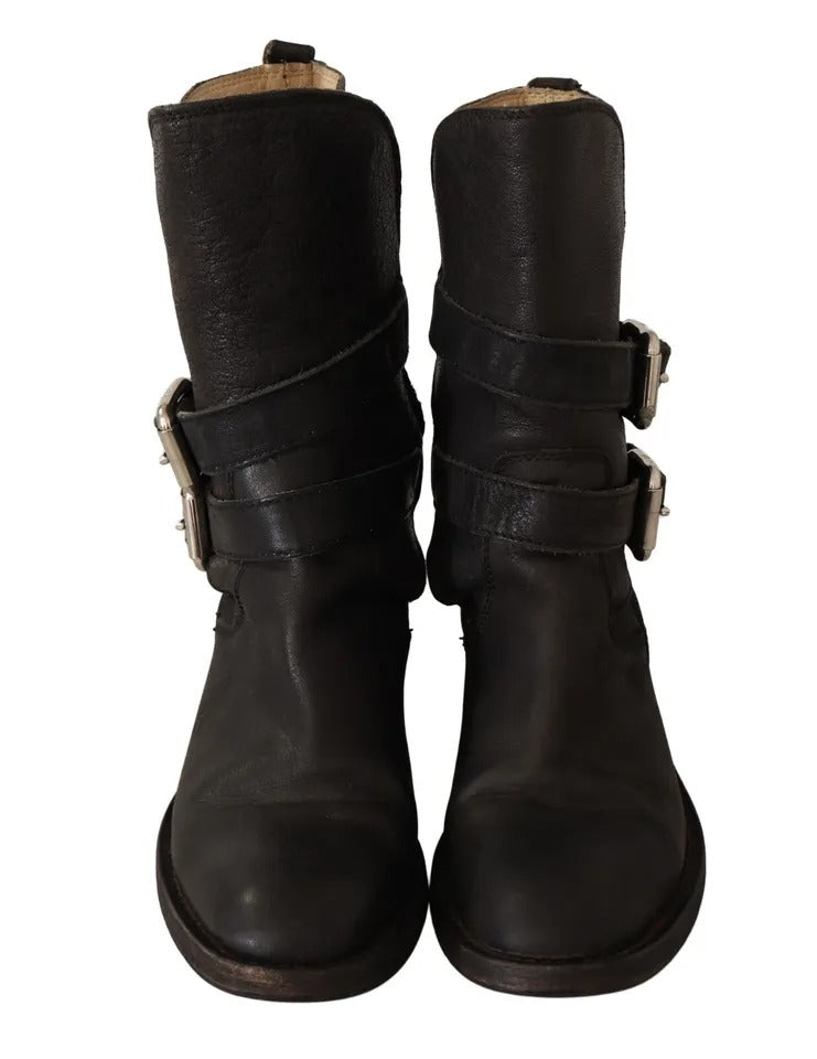 Dolce & Gabbana Black Leather Buckle Mid Calf Boots Shoes