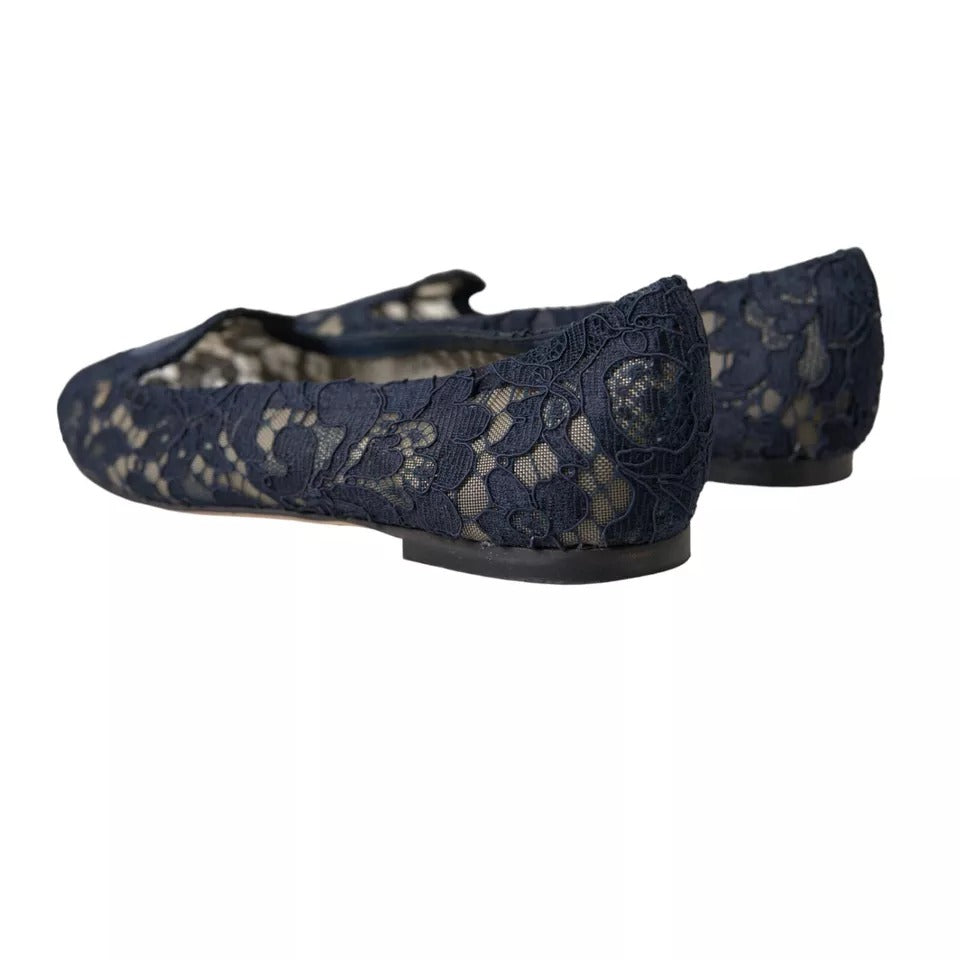 Dolce &amp; Gabbana mörkblå Taormina Lace Slip On Flats Shoes