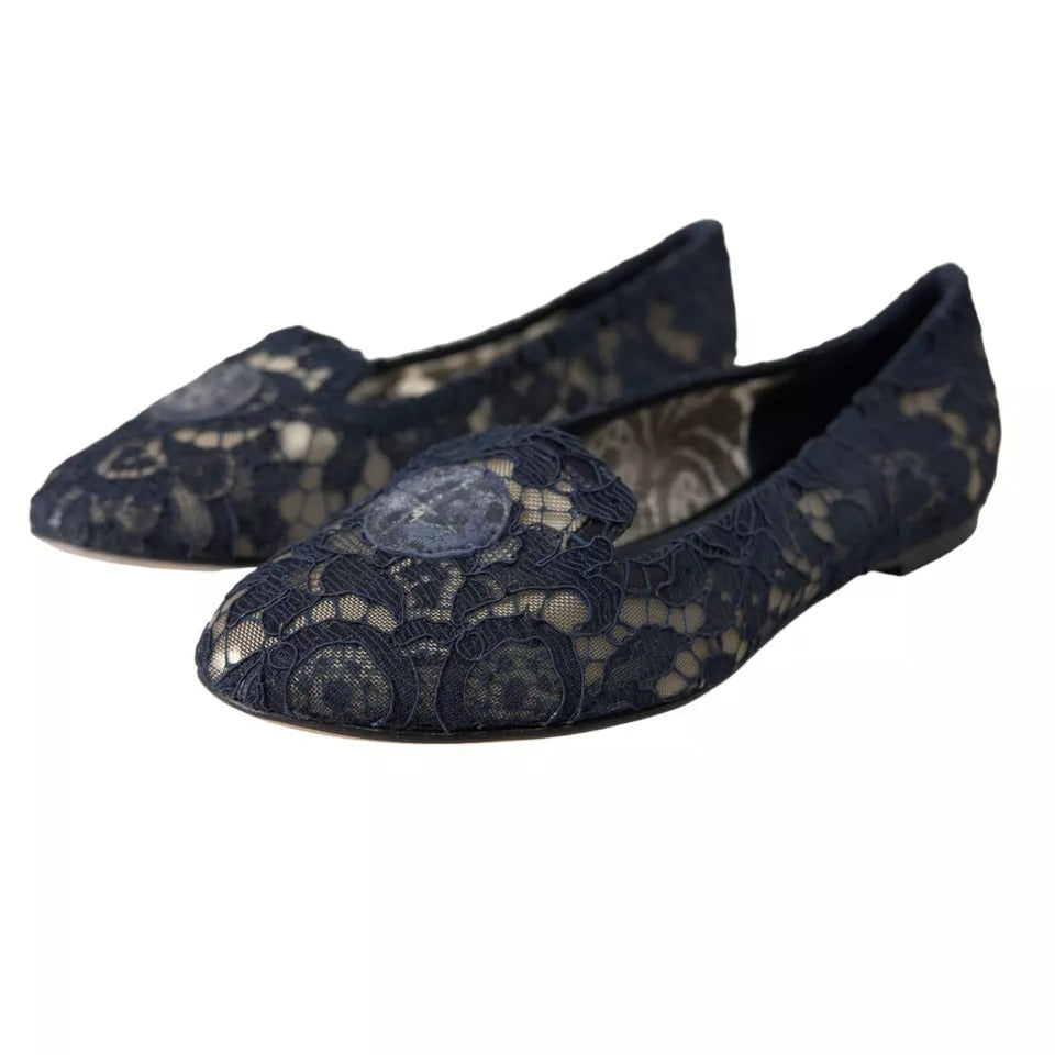 Dolce &amp; Gabbana mörkblå Taormina Lace Slip On Flats Shoes