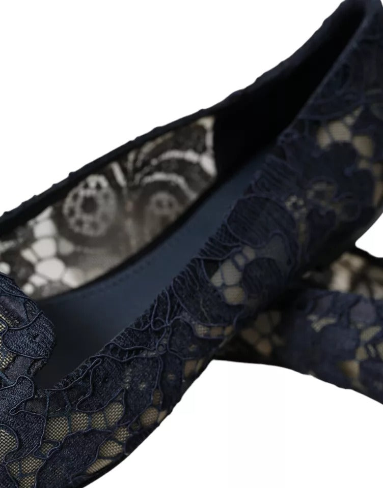 Dolce &amp; Gabbana mörkblå Taormina Lace Slip On Flats Shoes