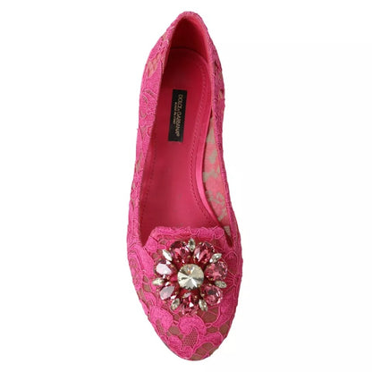 Dolce &amp; Gabbana Rosa spets Crystal Balett Loafers Skor