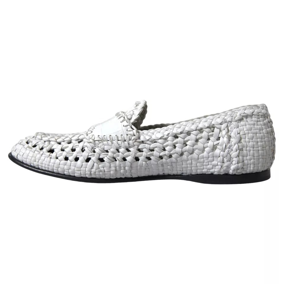 Dolce & Gabbana White Woven Leather Men Slip On Loafers Shoes