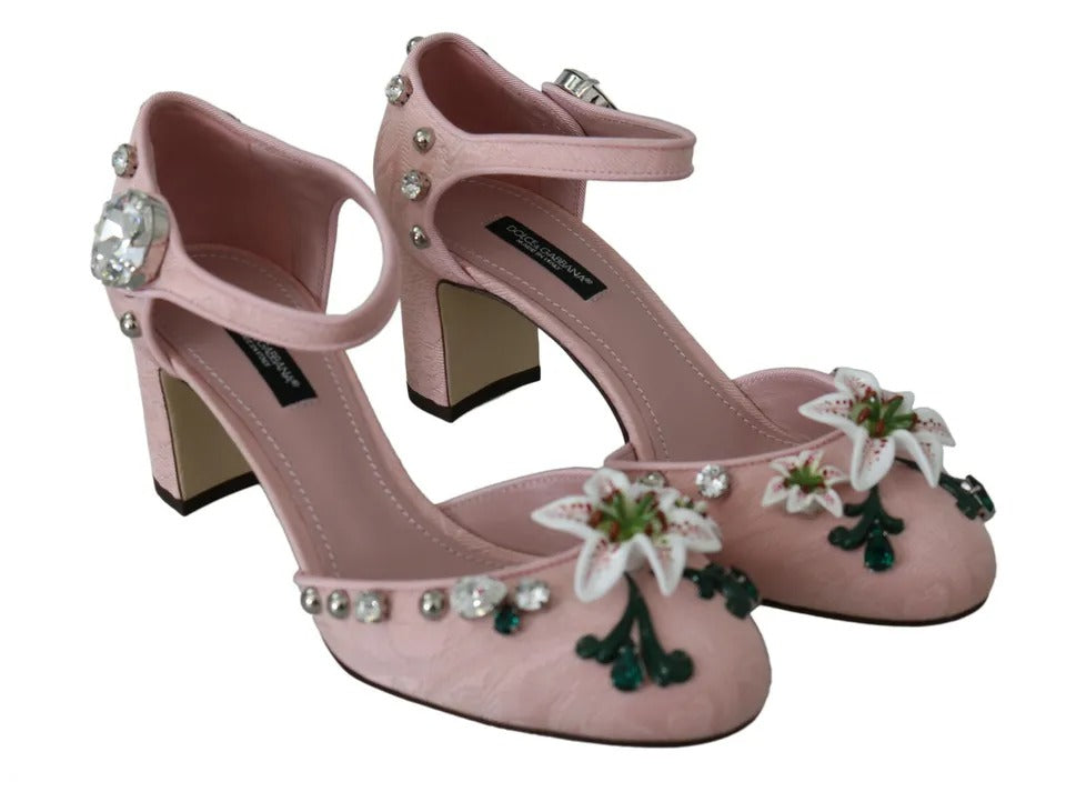 Dolce & Gabbana Pink Brocade Crystal Lily Ankle Strap Shoes