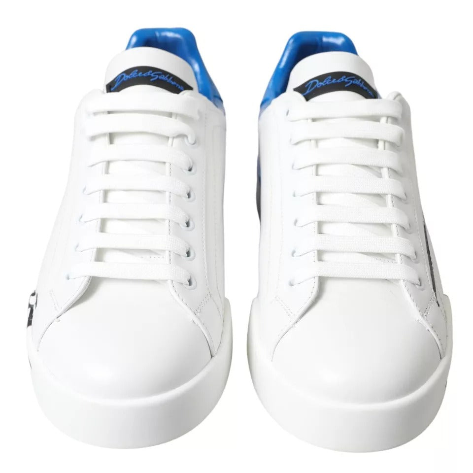 Dolce & Gabbana White Blue Leather Logo Low Top Sneakers Shoes