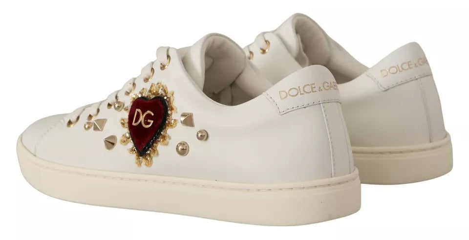 Dolce &amp; Gabbana Vitt Läder Guld Röd Hjärta Sneakers Skor