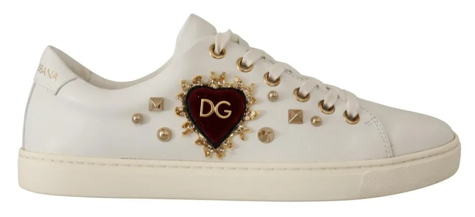 Dolce &amp; Gabbana Vitt Läder Guld Röd Hjärta Sneakers Skor