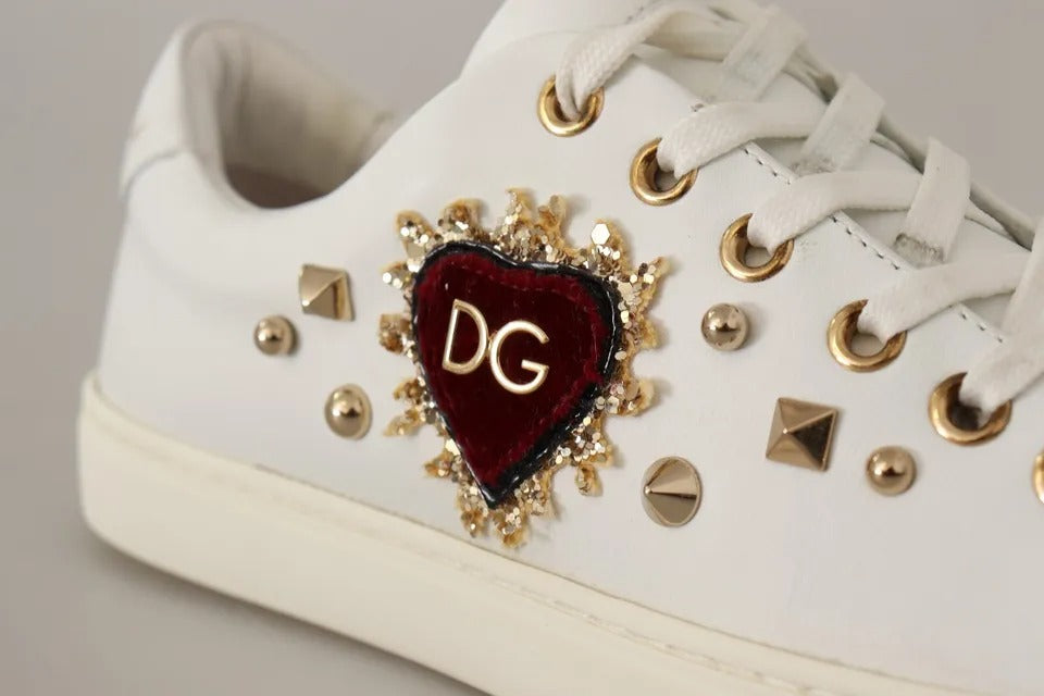 Dolce &amp; Gabbana Vitt Läder Guld Röd Hjärta Sneakers Skor