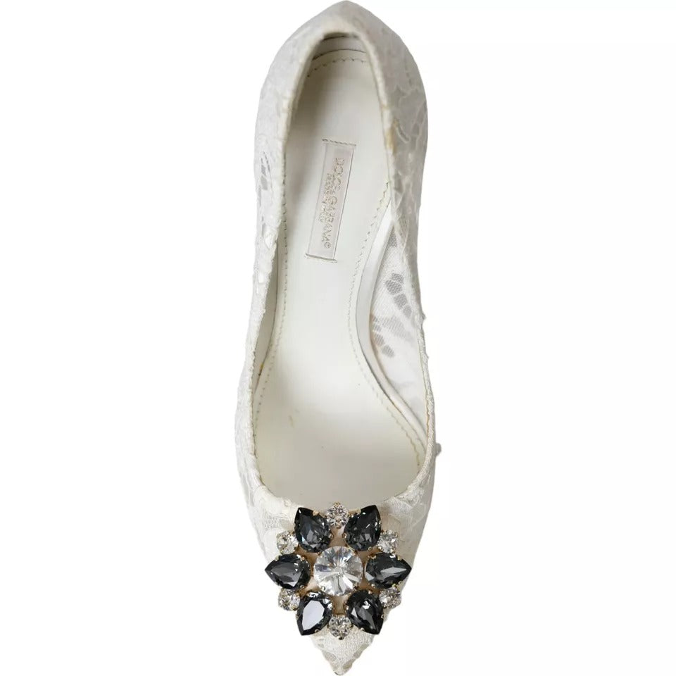 Dolce & Gabbana White Taormina Lace Crystal Heel Pumps Shoes