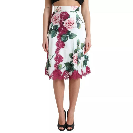 Falda midi de talle alto con estampado de rosas blancas de Dolce &amp; Gabbana