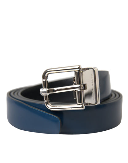 Cinturón con hebilla de metal plateado y piel de becerro azul de Dolce &amp; Gabbana para hombre