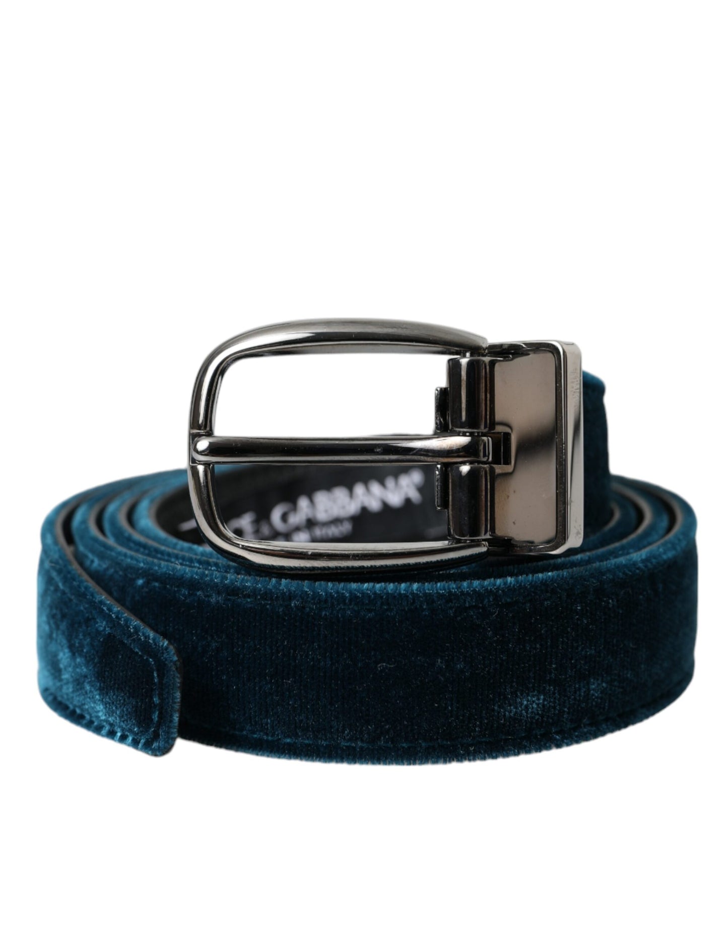 Cinturón de piel de terciopelo azul con hebilla de metal plateado de Dolce &amp; Gabbana