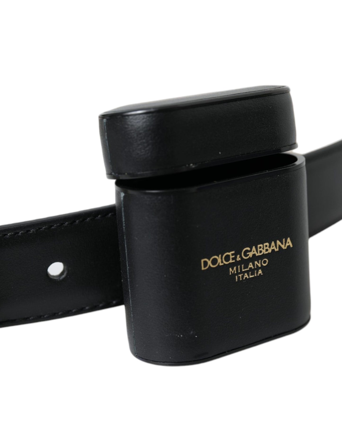 Dolce &amp; Gabbana Black Leather Airpods Case Silver Spänne Bälte