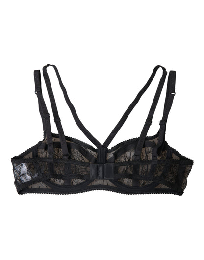 Dolce &amp; Gabbana Black Floral Lace Nylon Balconcino BH Underkläder