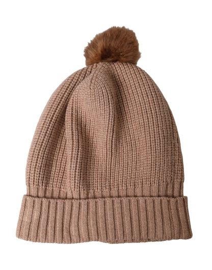 Dolce &amp; Gabbana Brown Solid Stickad Fur Ball Vinter Beanie Hat