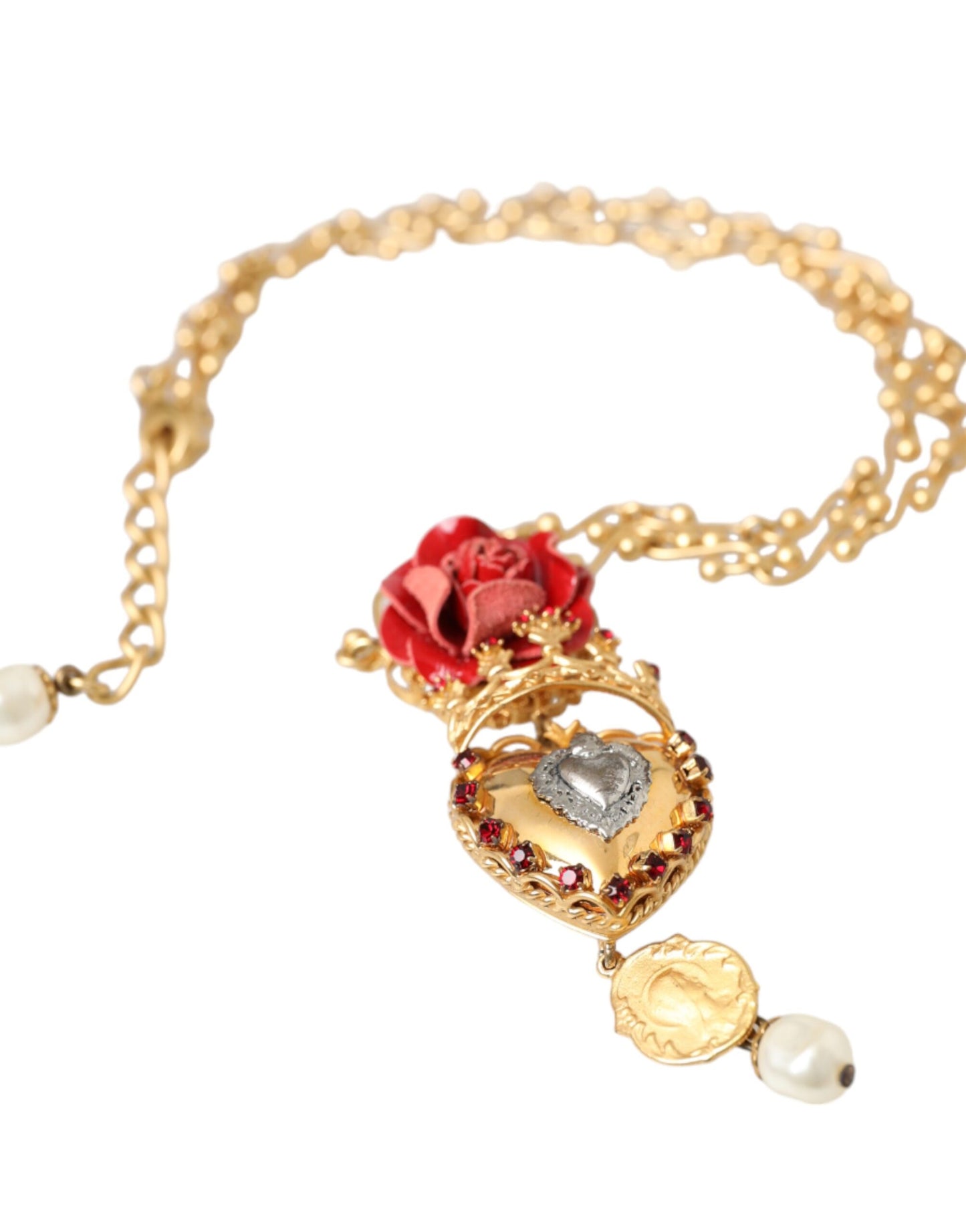 Collar con dije de cristal de rosa y corazón sagrado en cadena de latón dorado de Dolce &amp; Gabbana