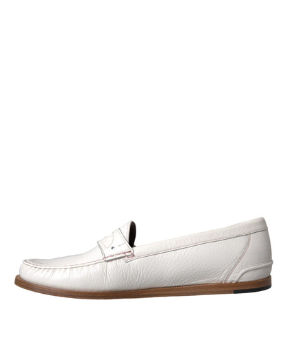 Dolce &amp; Gabbana White Leather Slip On Mocassin Loafers Skor