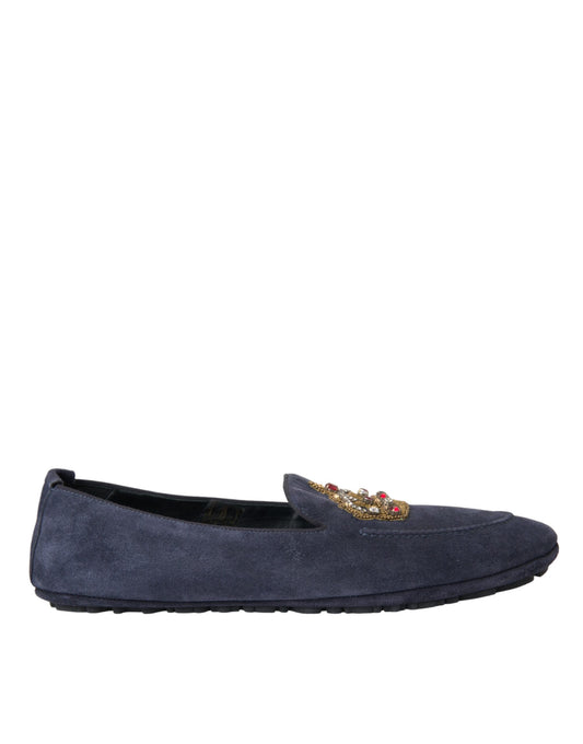 Dolce &amp; Gabbana Blue Leather Mocka Crystal Crown Loafers Skor