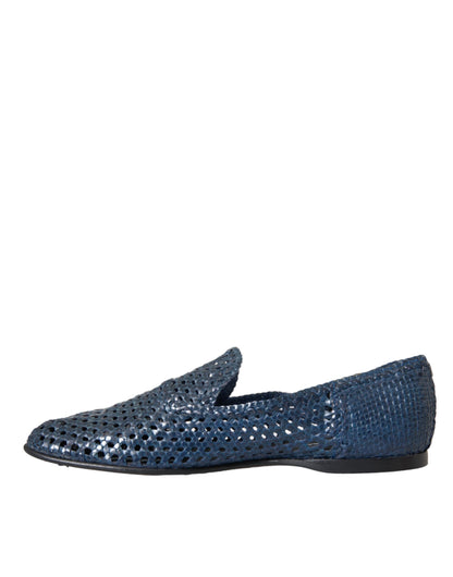 Dolce &amp; Gabbana Blue Woven Leather Slip On Loafers Skor för män