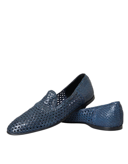 Dolce &amp; Gabbana Blue Woven Leather Slip On Loafers Skor för män