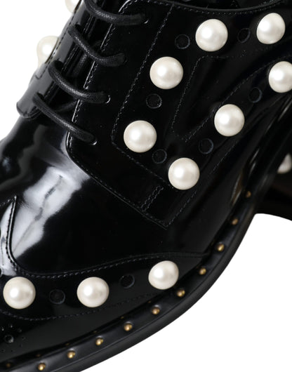 Dolce &amp; Gabbana Black Leather Faux Pearl Dress Broque Shoes