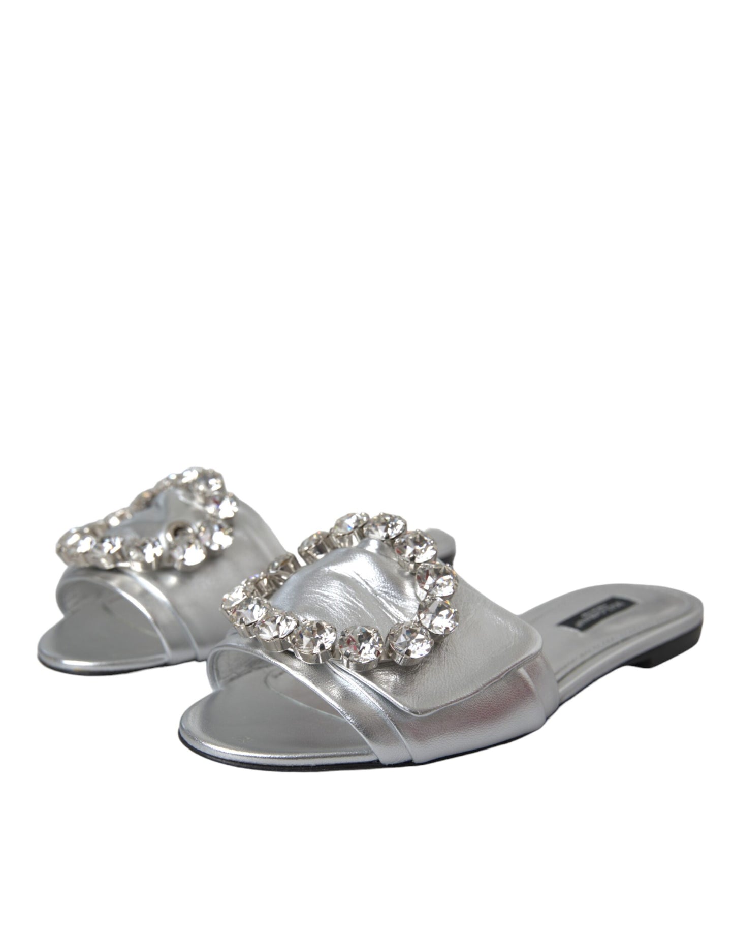 Dolce &amp; Gabbana Silver Crystal Läder Flats Sandaler Skor