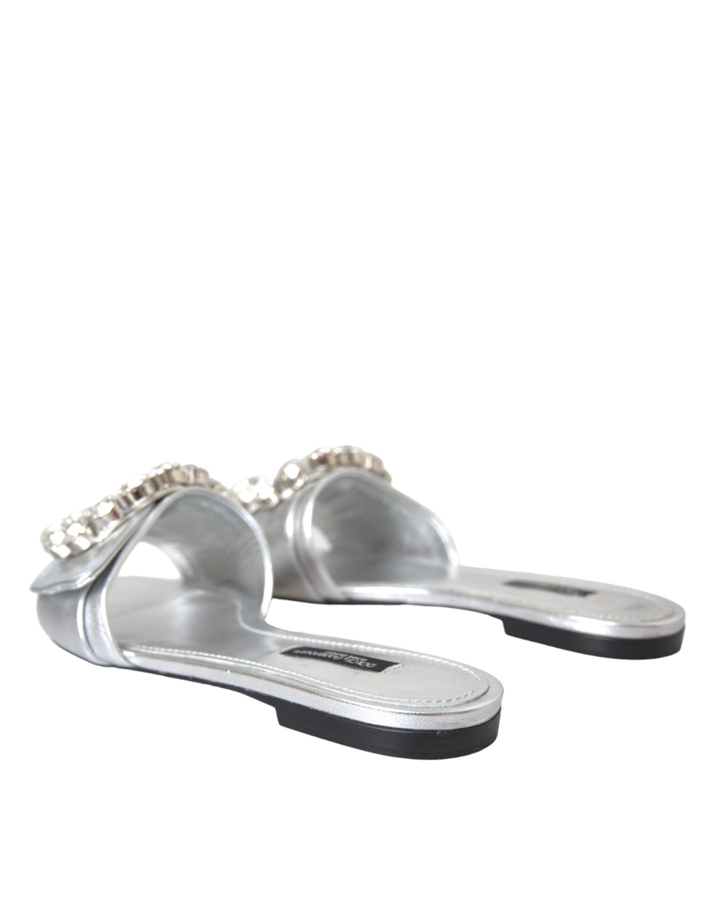 Dolce &amp; Gabbana Silver Crystal Läder Flats Sandaler Skor