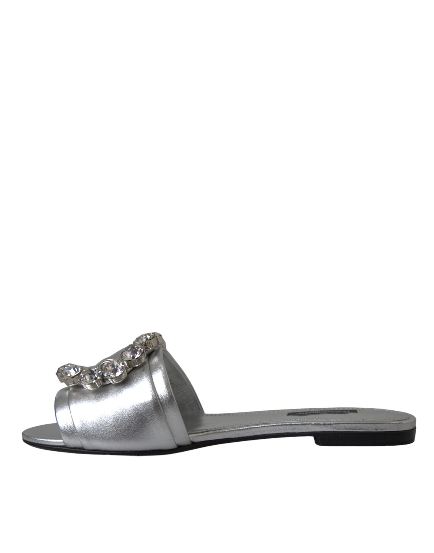 Dolce &amp; Gabbana Silver Crystal Läder Flats Sandaler Skor