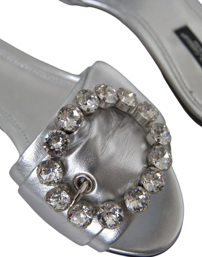 Dolce &amp; Gabbana Silver Crystal Läder Flats Sandaler Skor