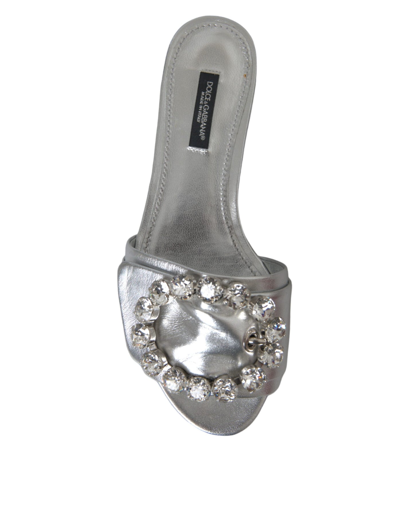 Dolce &amp; Gabbana Silver Crystal Läder Flats Sandaler Skor