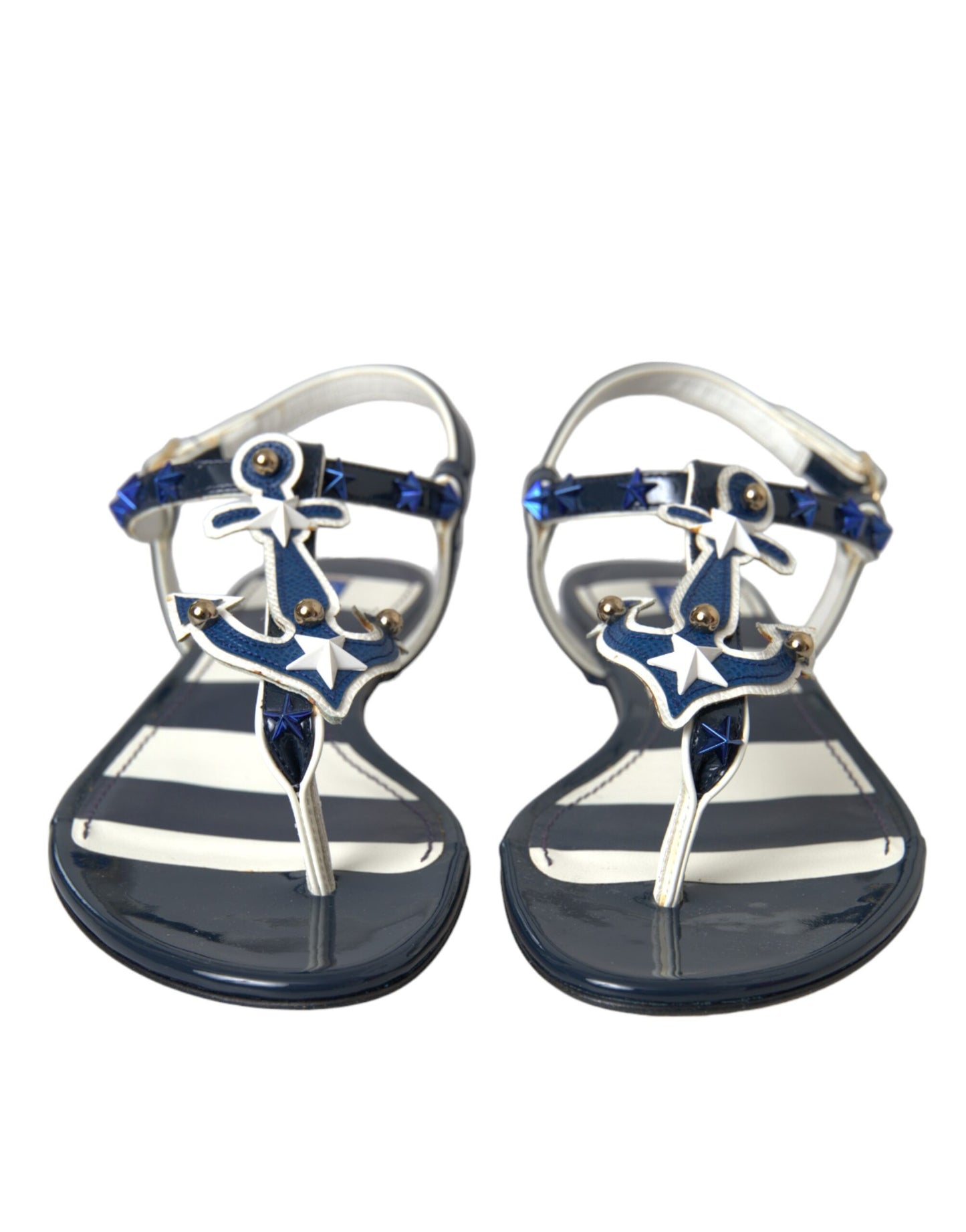 Dolce &amp; Gabbana Blue Stripes Läder Dubbade Flats Sandaler Skor