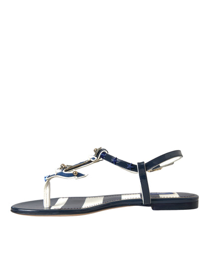 Dolce &amp; Gabbana Blue Stripes Läder Dubbade Flats Sandaler Skor