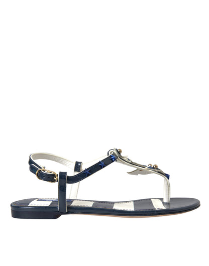 Dolce &amp; Gabbana Blue Stripes Läder Dubbade Flats Sandaler Skor