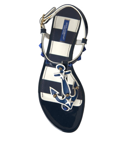 Dolce &amp; Gabbana Blue Stripes Läder Dubbade Flats Sandaler Skor