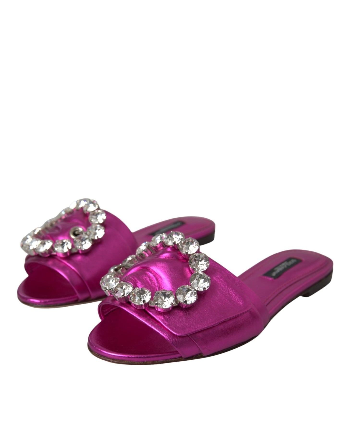 Dolce &amp; Gabbana Fuchsia Crystal Läder Flats Sandaler Skor