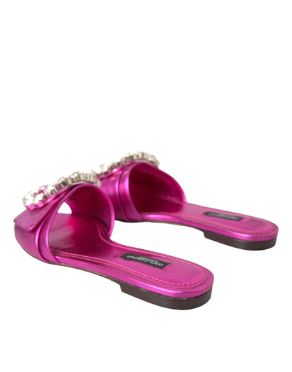 Dolce &amp; Gabbana Fuchsia Crystal Läder Flats Sandaler Skor